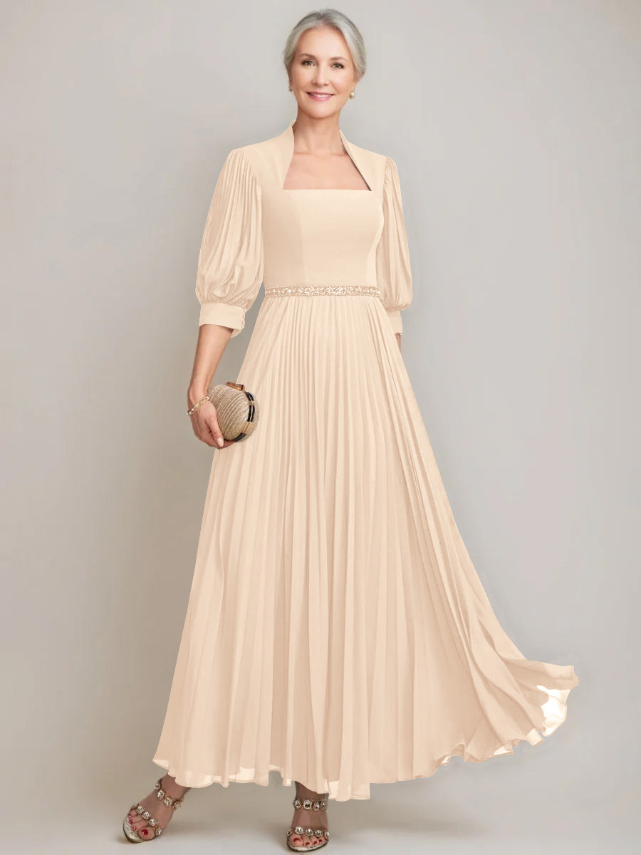 A-line/Princess Queen Anne Neckline Ankle-Length Pleated Mother of the Bride Dresses with Sequins & Beads