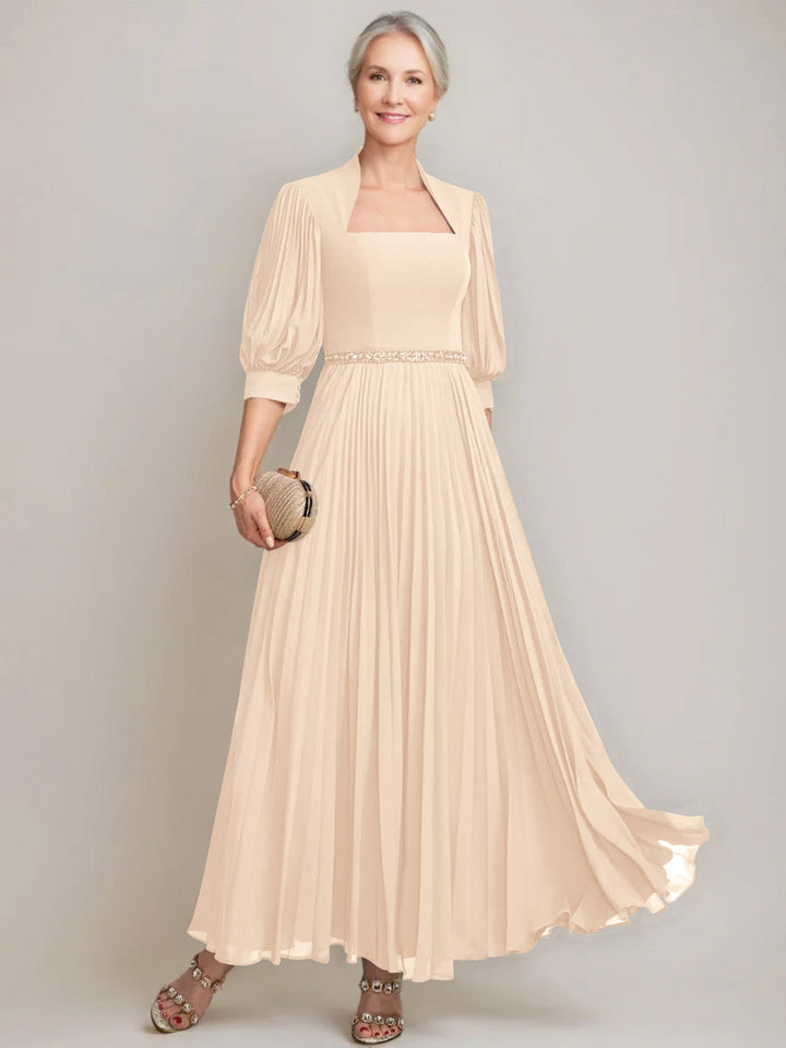 A-line/Princess Queen Anne Neckline Ankle-Length Pleated Mother of the Bride Dresses with Sequins & Beads