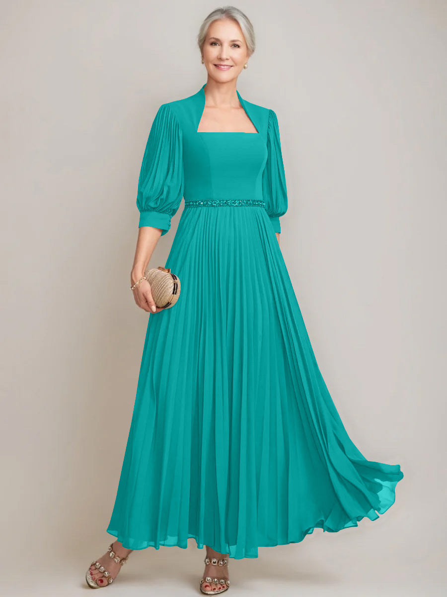 A-line/Princess Queen Anne Neckline Ankle-Length Pleated Mother of the Bride Dresses with Sequins & Beads