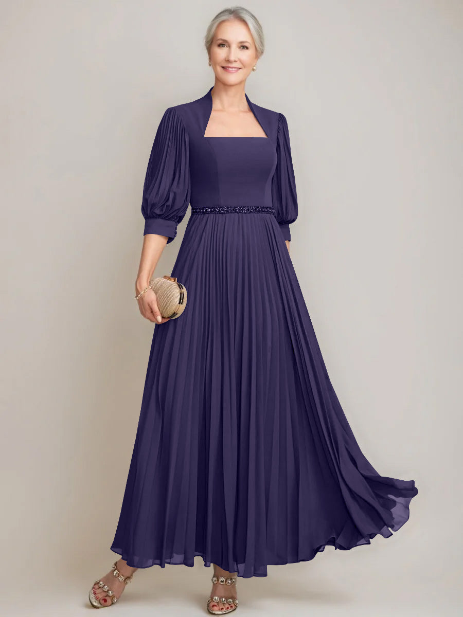 A-line/Princess Queen Anne Neckline Ankle-Length Pleated Mother of the Bride Dresses with Sequins & Beads