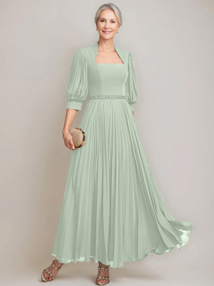 A-line/Princess Queen Anne Neckline Ankle-Length Pleated Mother of the Bride Dresses with Sequins & Beads