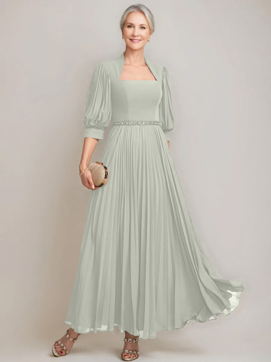 A-line/Princess Queen Anne Neckline Ankle-Length Pleated Mother of the Bride Dresses with Sequins & Beads
