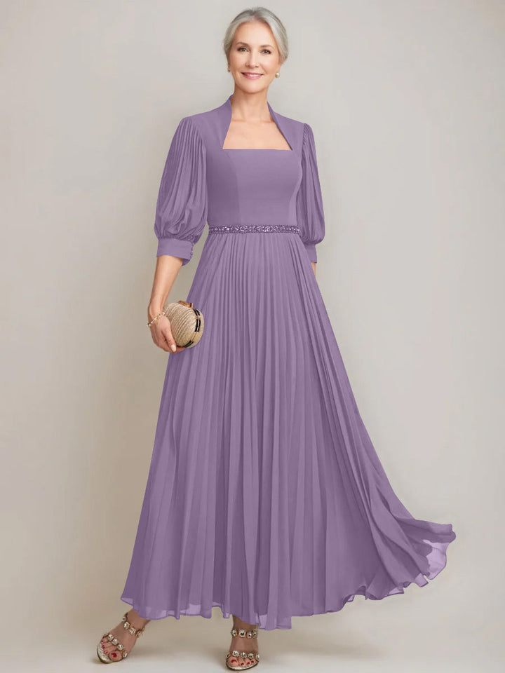 A-line/Princess Queen Anne Neckline Ankle-Length Pleated Mother of the Bride Dresses with Sequins & Beads