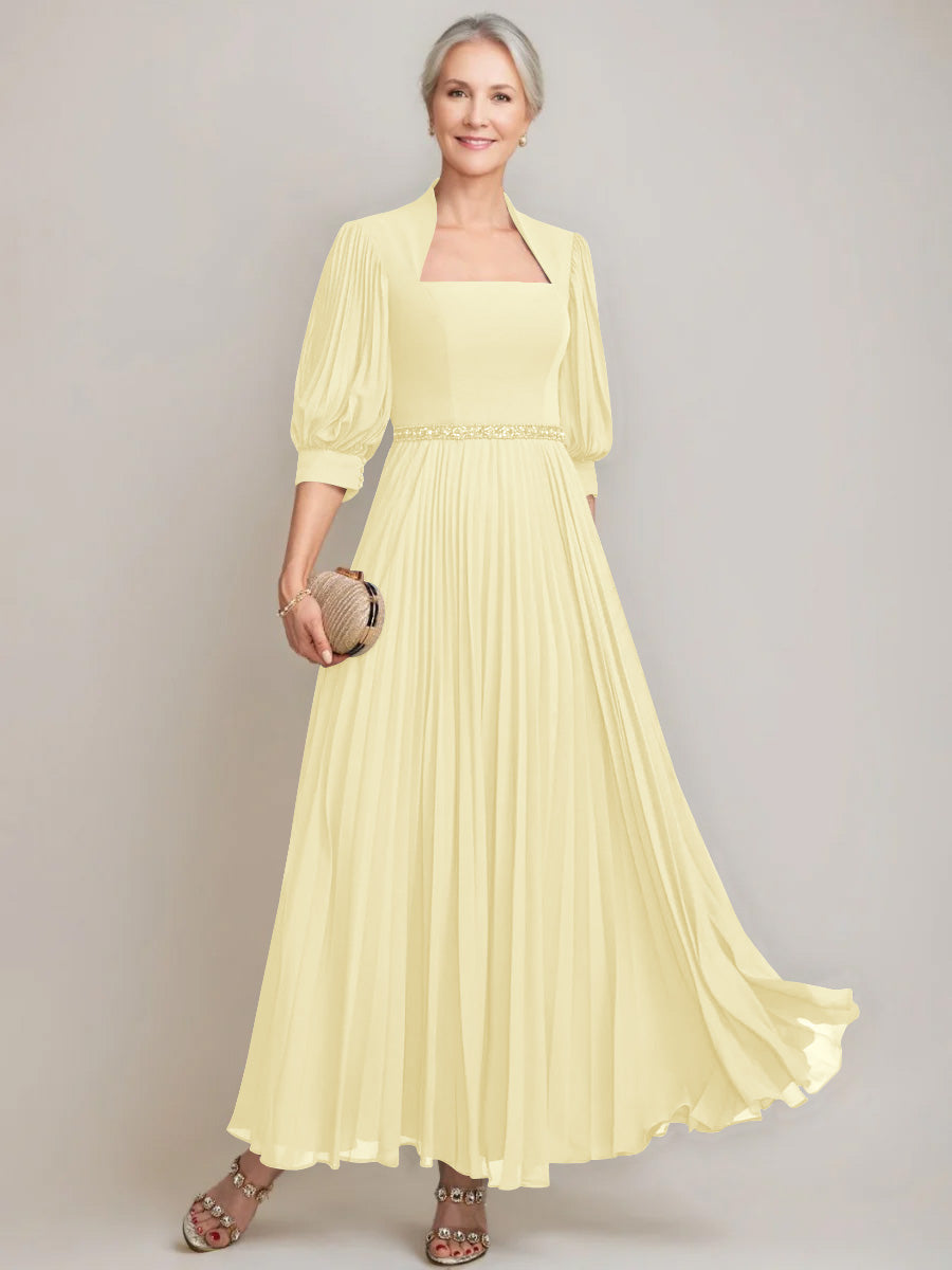 A-line/Princess Queen Anne Neckline Ankle-Length Pleated Mother of the Bride Dresses with Sequins & Beads