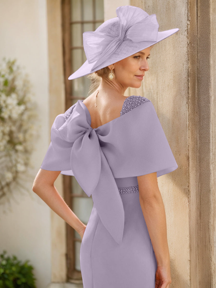 Sheath/Column Cowl Neck Sleeveless Ankle-Length Mother of the Bride Dresses with Beadings & Bow