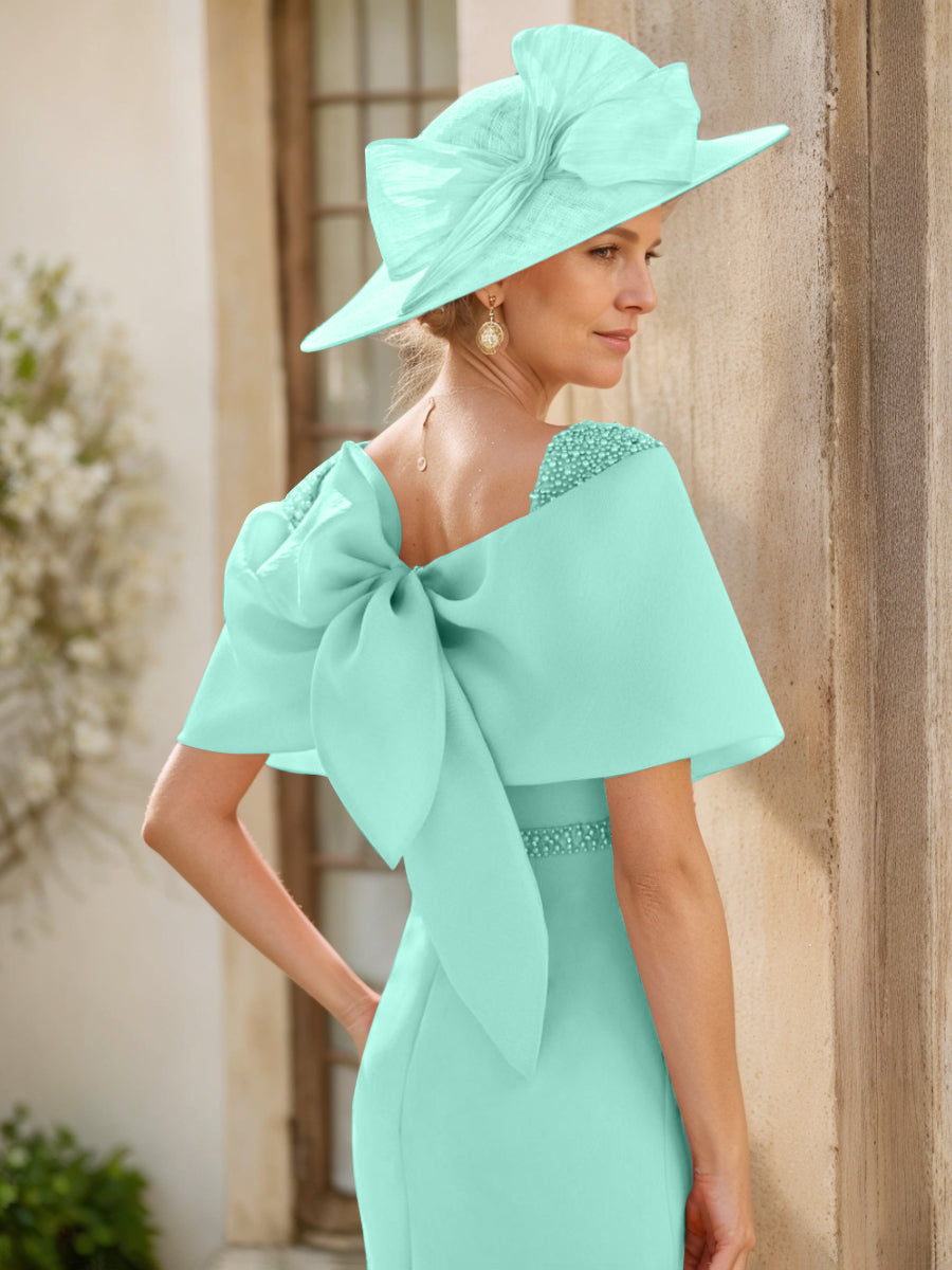 Sheath/Column Cowl Neck Sleeveless Ankle-Length Mother of the Bride Dresses with Beadings & Bow