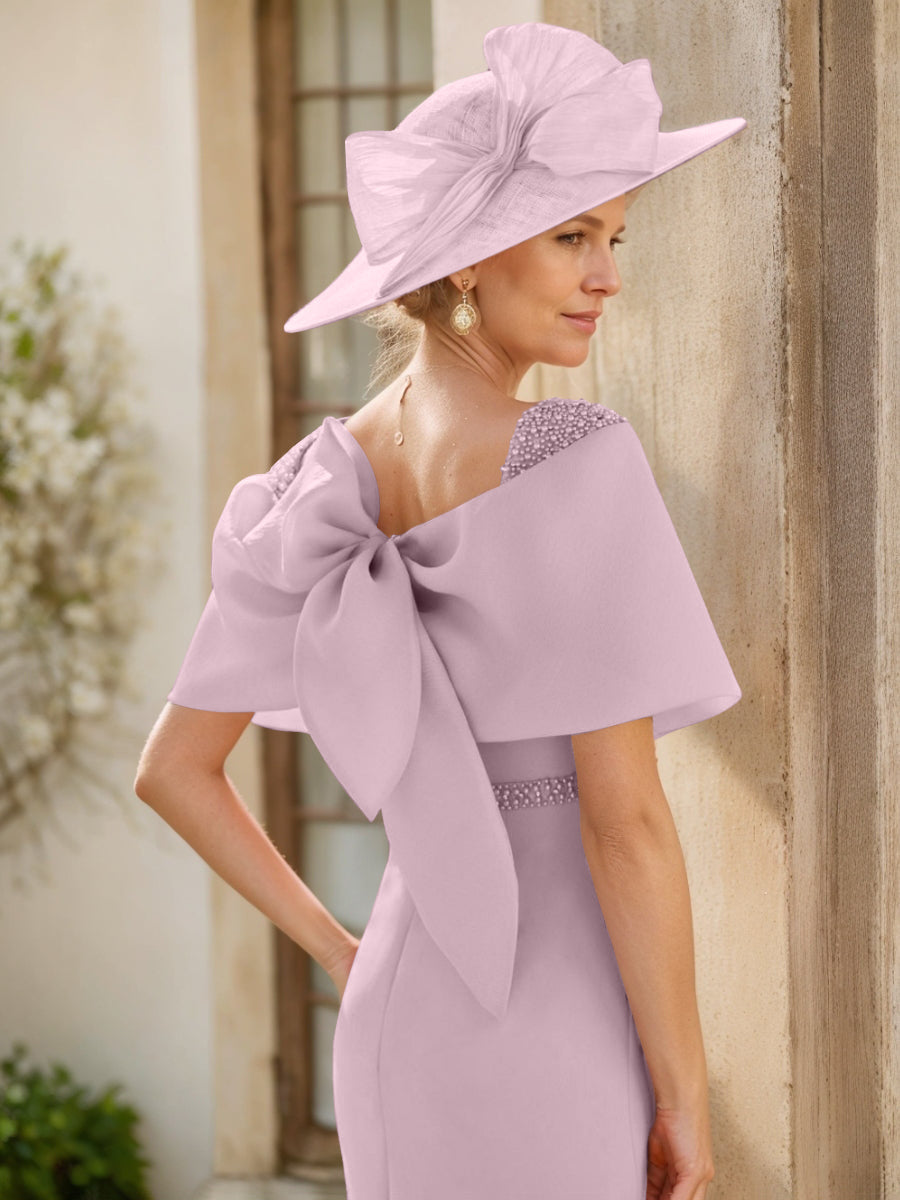 Sheath/Column Cowl Neck Sleeveless Ankle-Length Mother of the Bride Dresses with Beadings & Bow