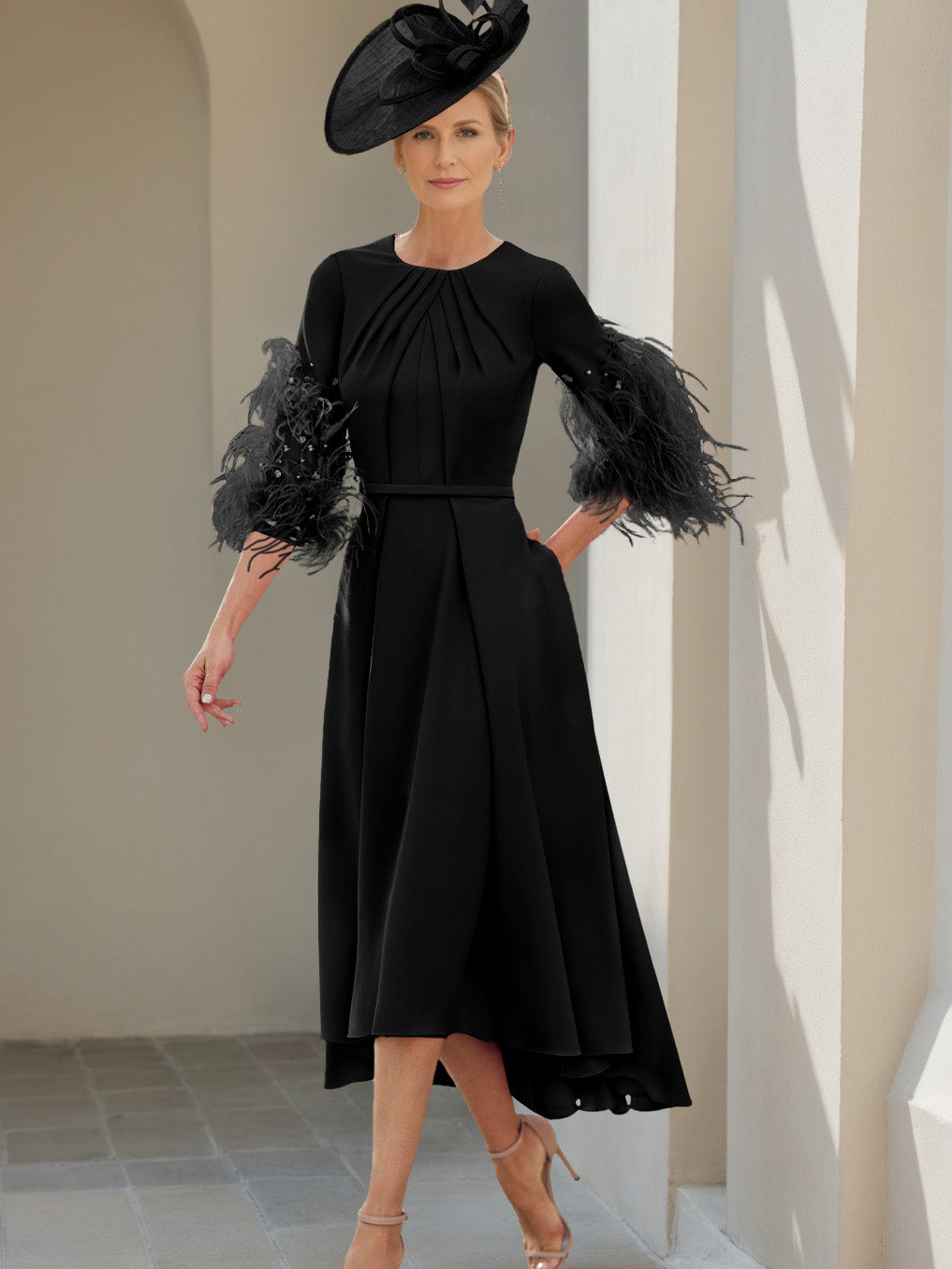 A-Line/Princess Scoop Half Sleeves Tea-Length Mother Of The Bride Dresses With Feathers