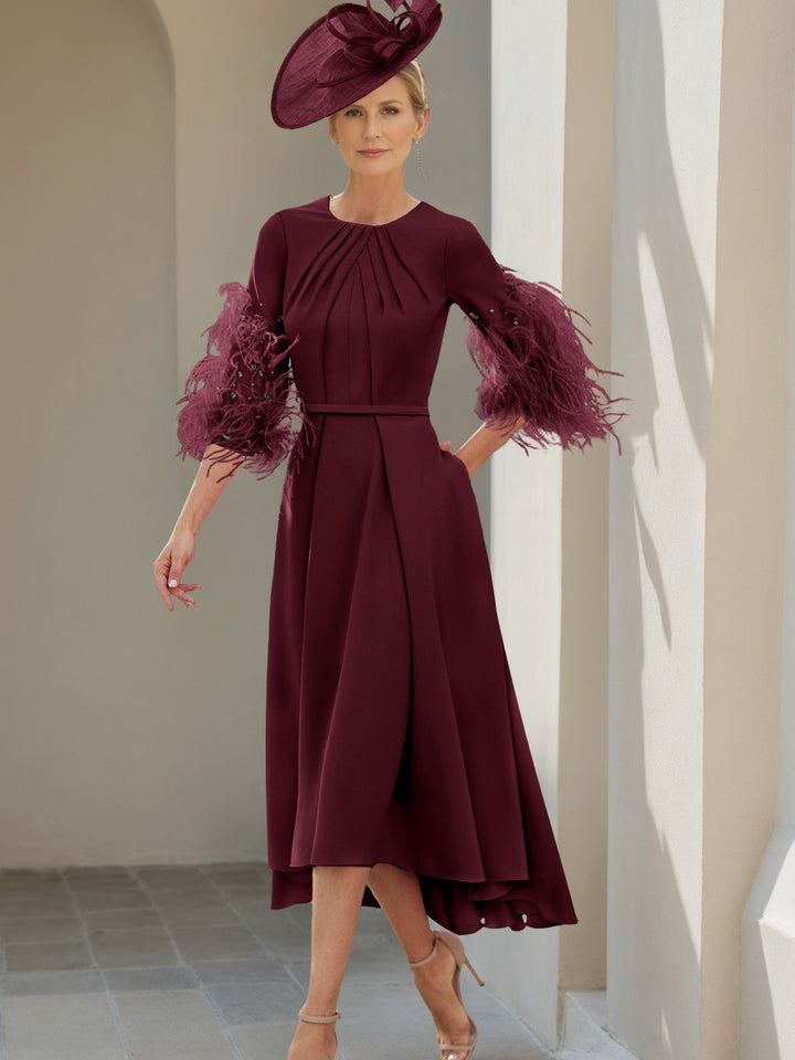 A-Line/Princess Scoop Half Sleeves Tea-Length Mother Of The Bride Dresses With Feathers