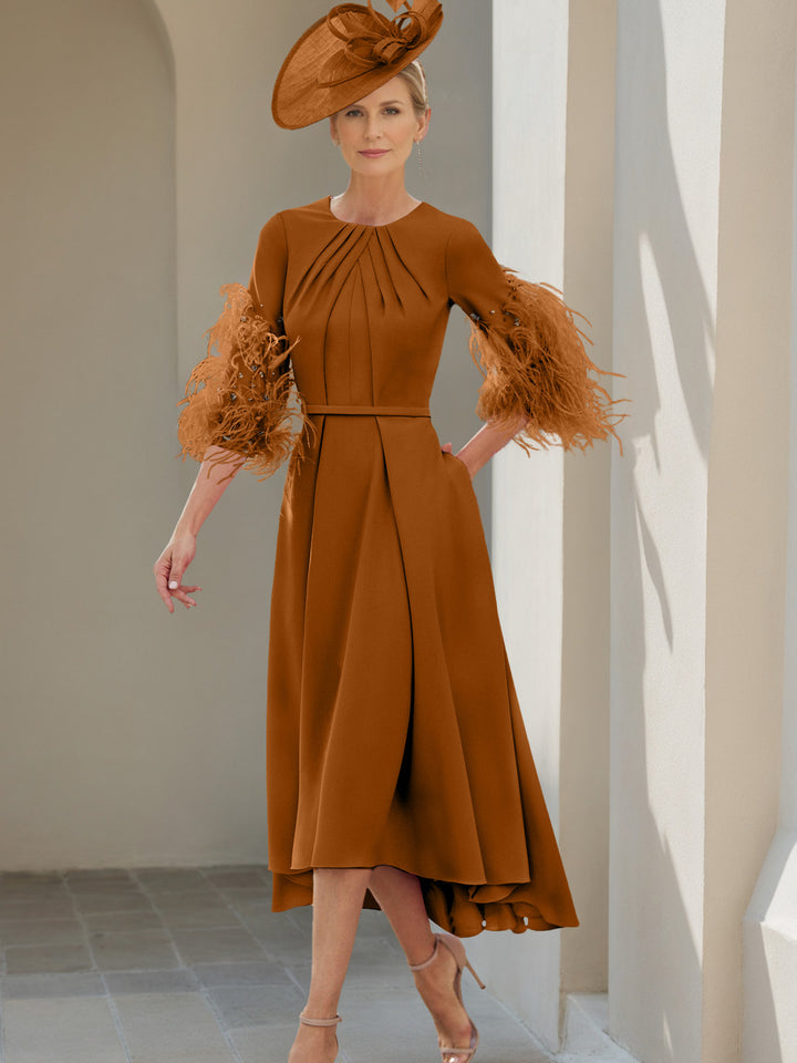 A-Line/Princess Scoop Half Sleeves Tea-Length Mother Of The Bride Dresses With Feathers