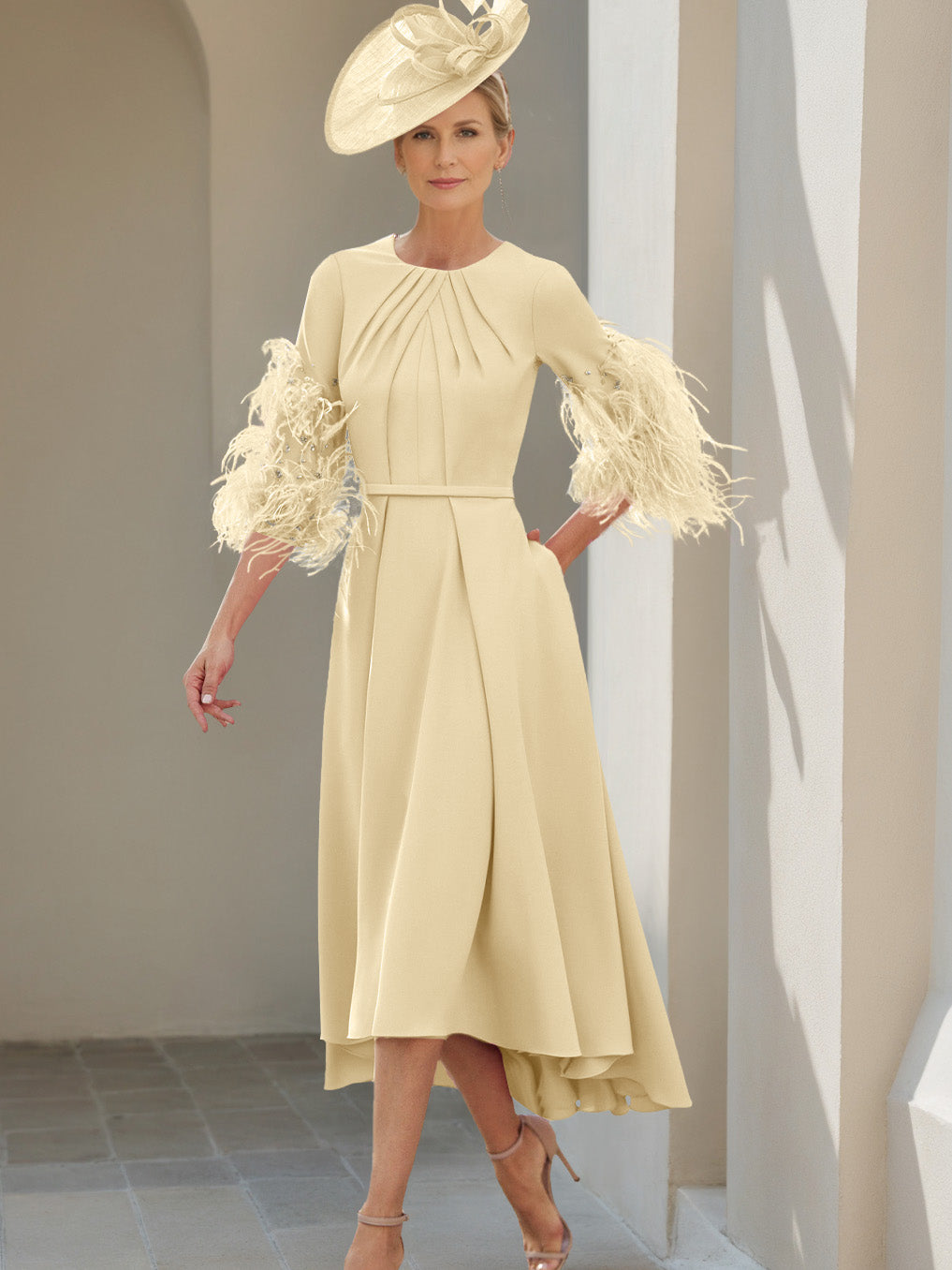 A-Line/Princess Scoop Half Sleeves Tea-Length Mother Of The Bride Dresses With Feathers