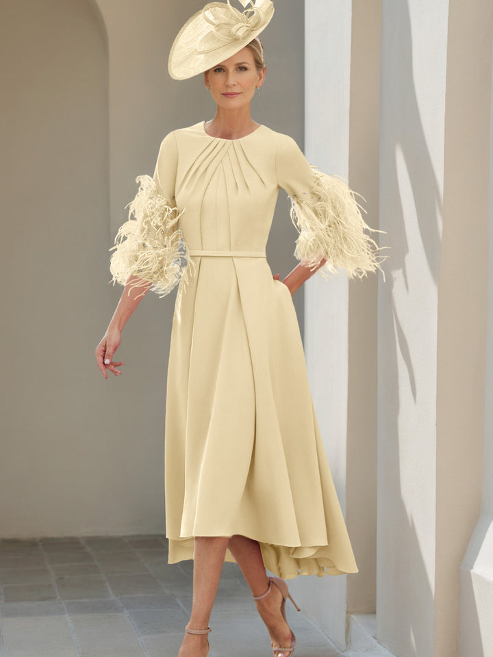 A-Line/Princess Scoop Half Sleeves Tea-Length Mother Of The Bride Dresses With Feathers