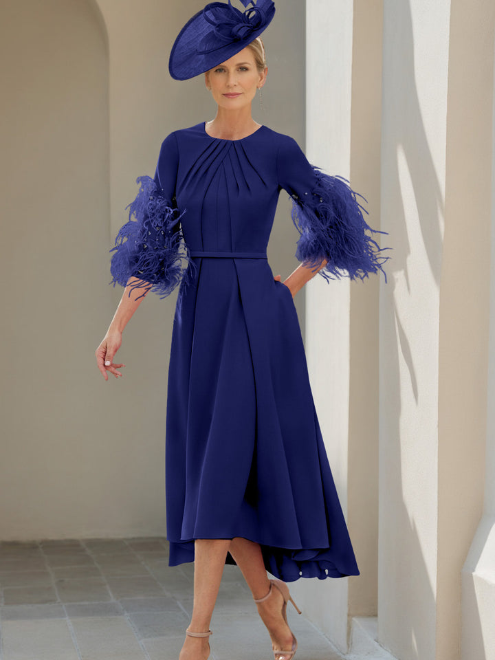 A-Line/Princess Scoop Half Sleeves Tea-Length Mother Of The Bride Dresses With Feathers