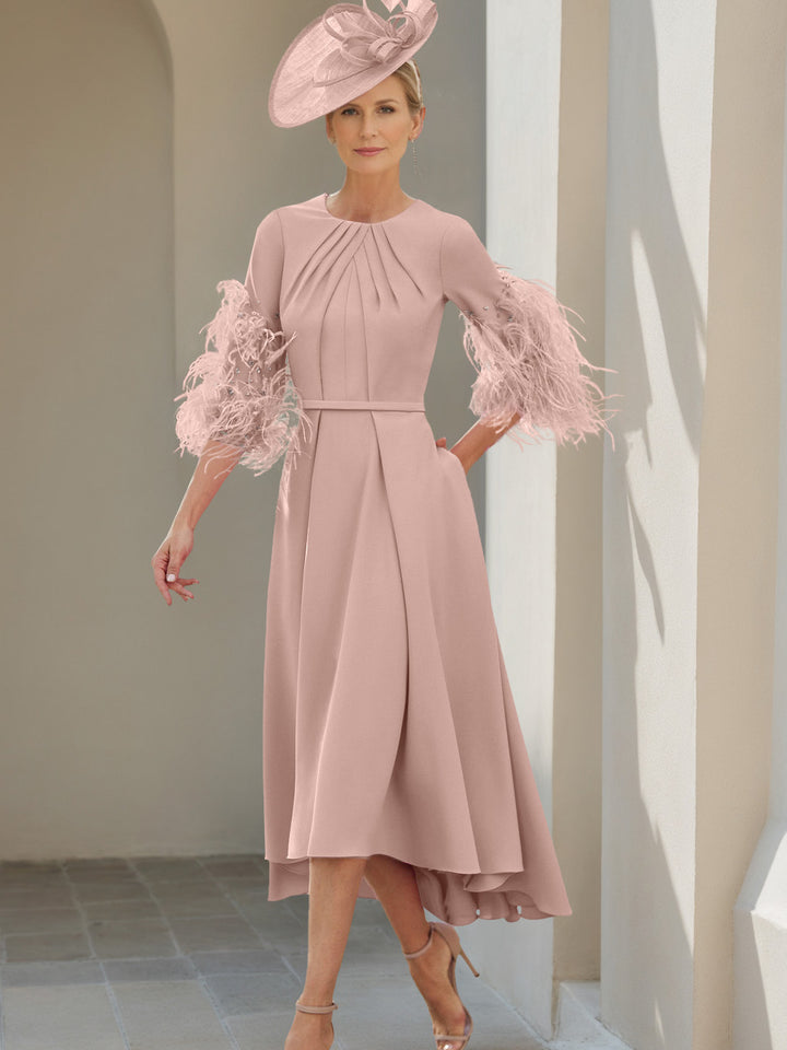 A-Line/Princess Scoop Half Sleeves Tea-Length Mother Of The Bride Dresses With Feathers