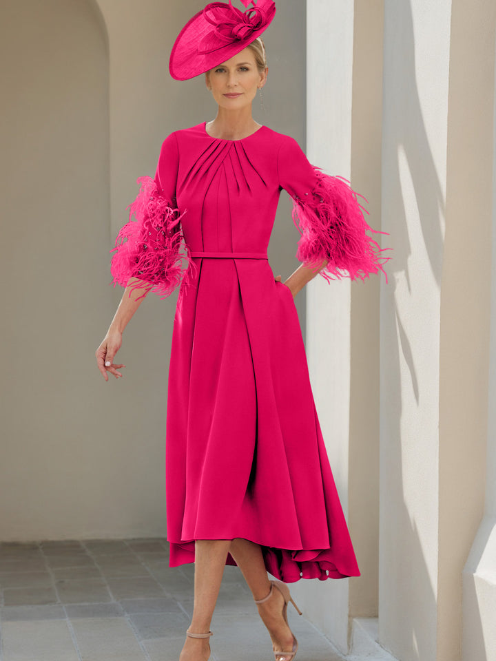 A-Line/Princess Scoop Half Sleeves Tea-Length Mother Of The Bride Dresses With Feathers