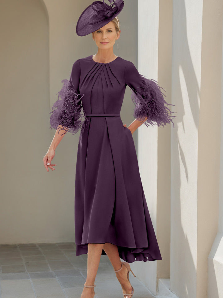 A-Line/Princess Scoop Half Sleeves Tea-Length Mother Of The Bride Dresses With Feathers