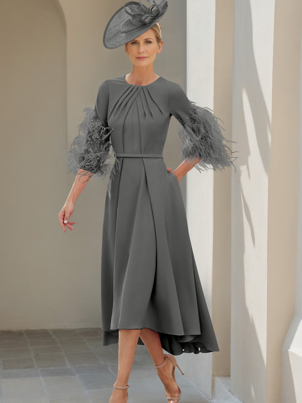 A-Line/Princess Scoop Half Sleeves Tea-Length Mother Of The Bride Dresses With Feathers