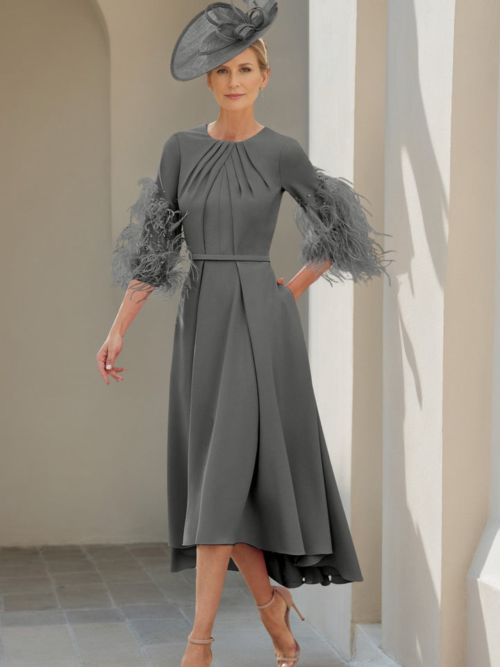 A-Line/Princess Scoop Half Sleeves Tea-Length Mother Of The Bride Dresses With Feathers
