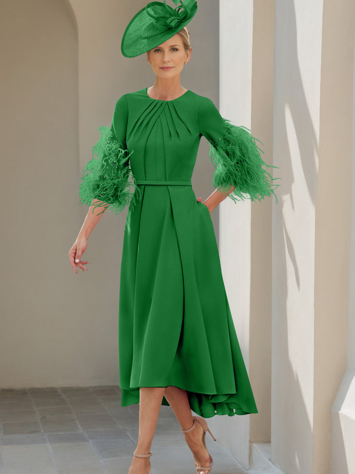 A-Line/Princess Scoop Half Sleeves Tea-Length Mother Of The Bride Dresses With Feathers