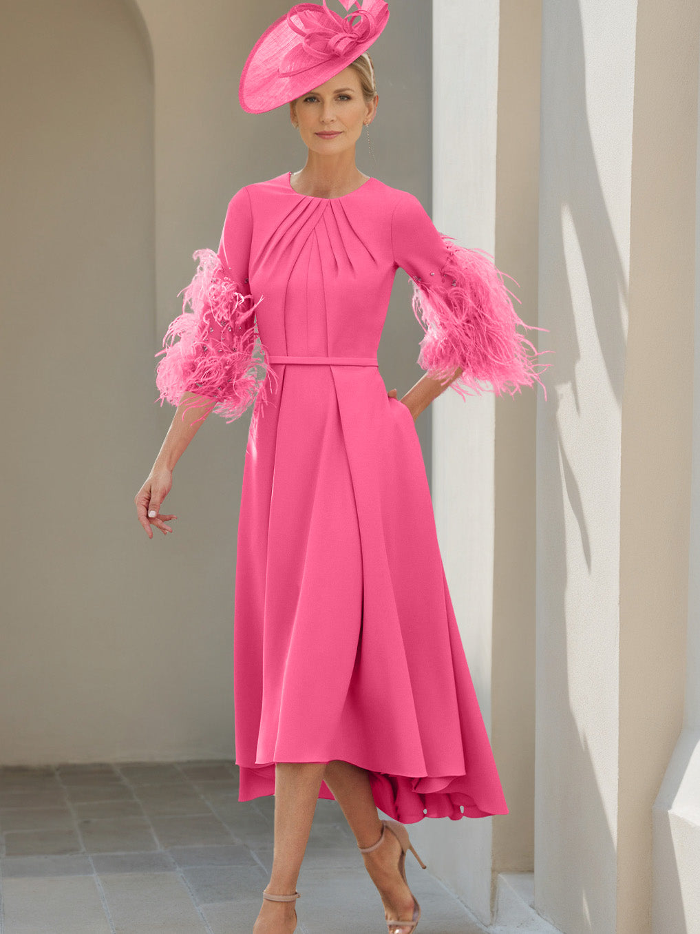 A-Line/Princess Scoop Half Sleeves Tea-Length Mother Of The Bride Dresses With Feathers