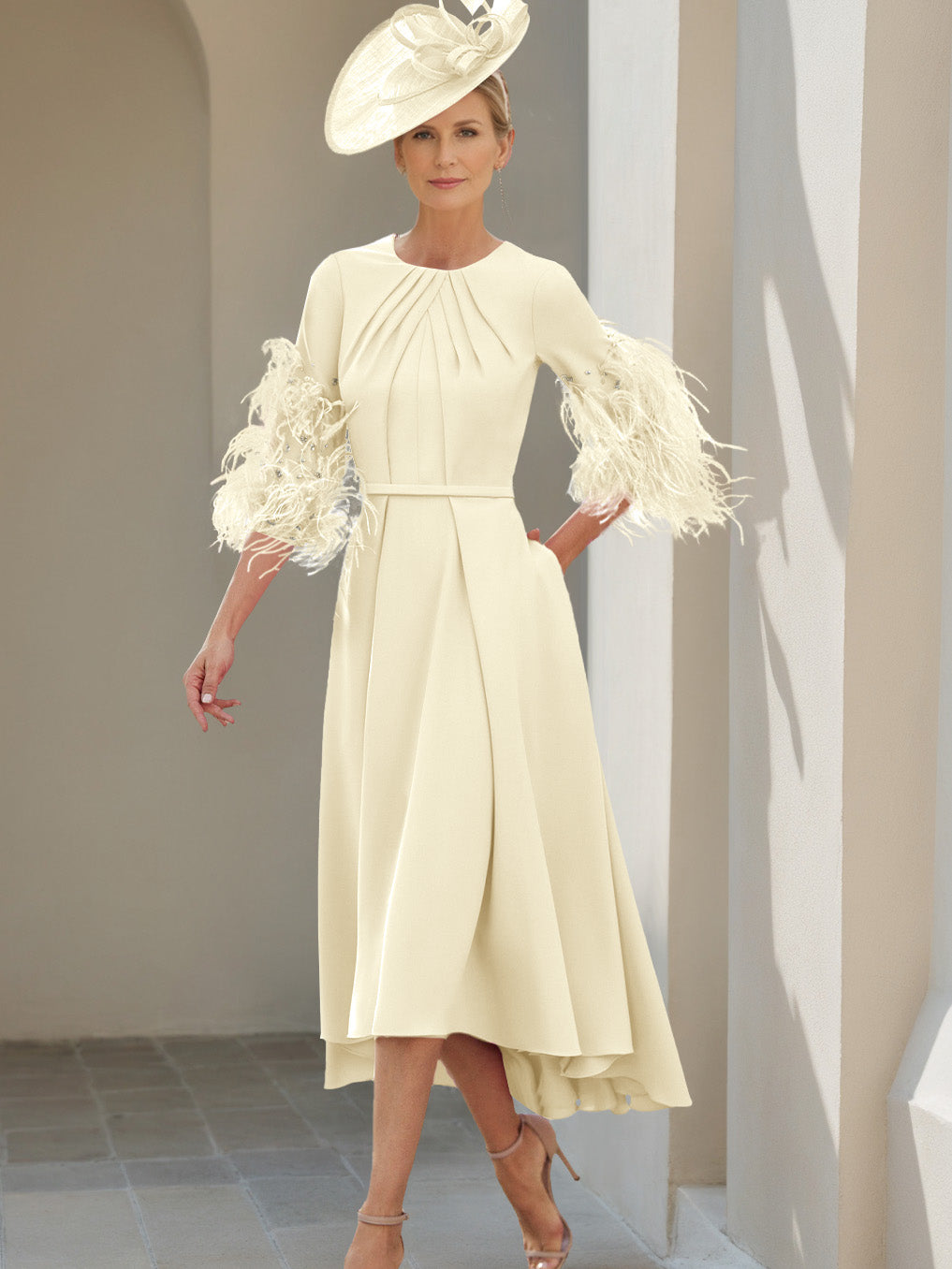 A-Line/Princess Scoop Half Sleeves Tea-Length Mother Of The Bride Dresses With Feathers
