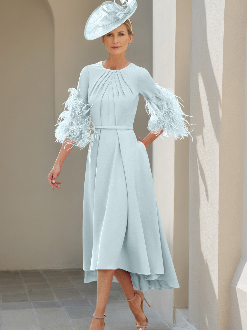 A-Line/Princess Scoop Half Sleeves Tea-Length Mother Of The Bride Dresses With Feathers
