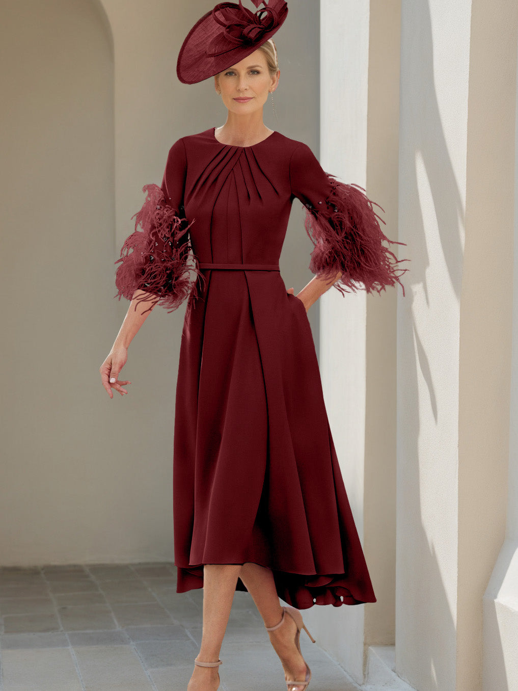 A-Line/Princess Scoop Half Sleeves Tea-Length Mother Of The Bride Dresses With Feathers