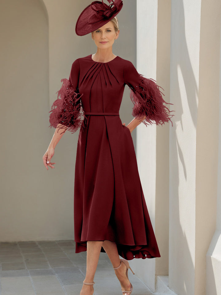 A-Line/Princess Scoop Half Sleeves Tea-Length Mother Of The Bride Dresses With Feathers