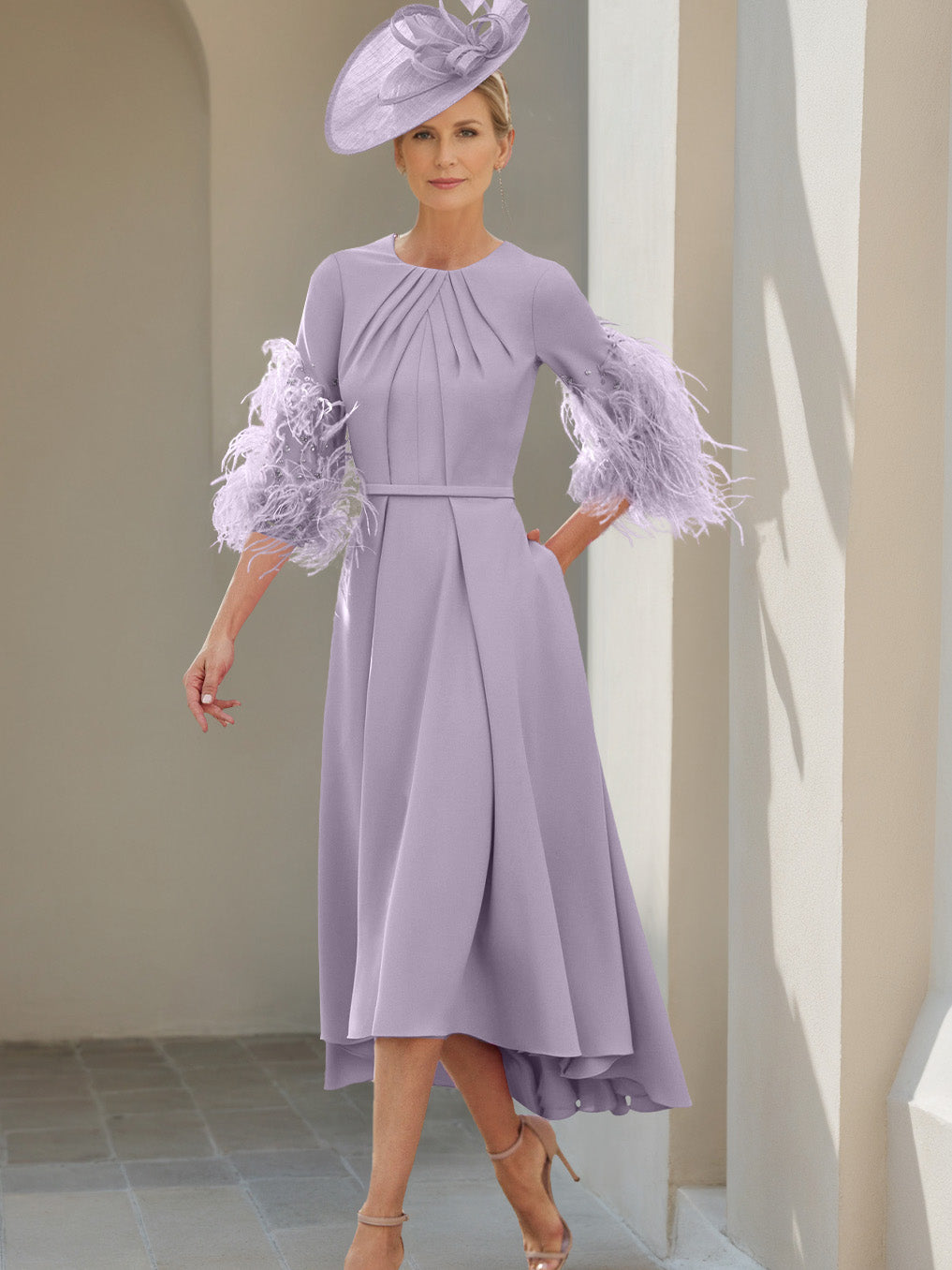 A-Line/Princess Scoop Half Sleeves Tea-Length Mother Of The Bride Dresses With Feathers