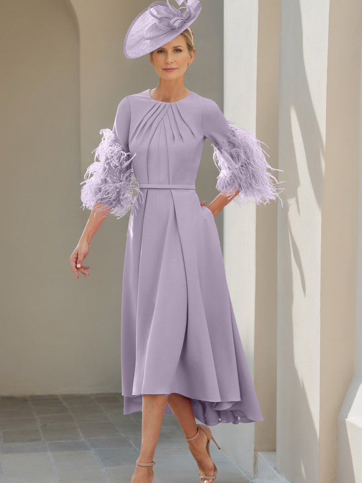 A-Line/Princess Scoop Half Sleeves Tea-Length Mother Of The Bride Dresses With Feathers