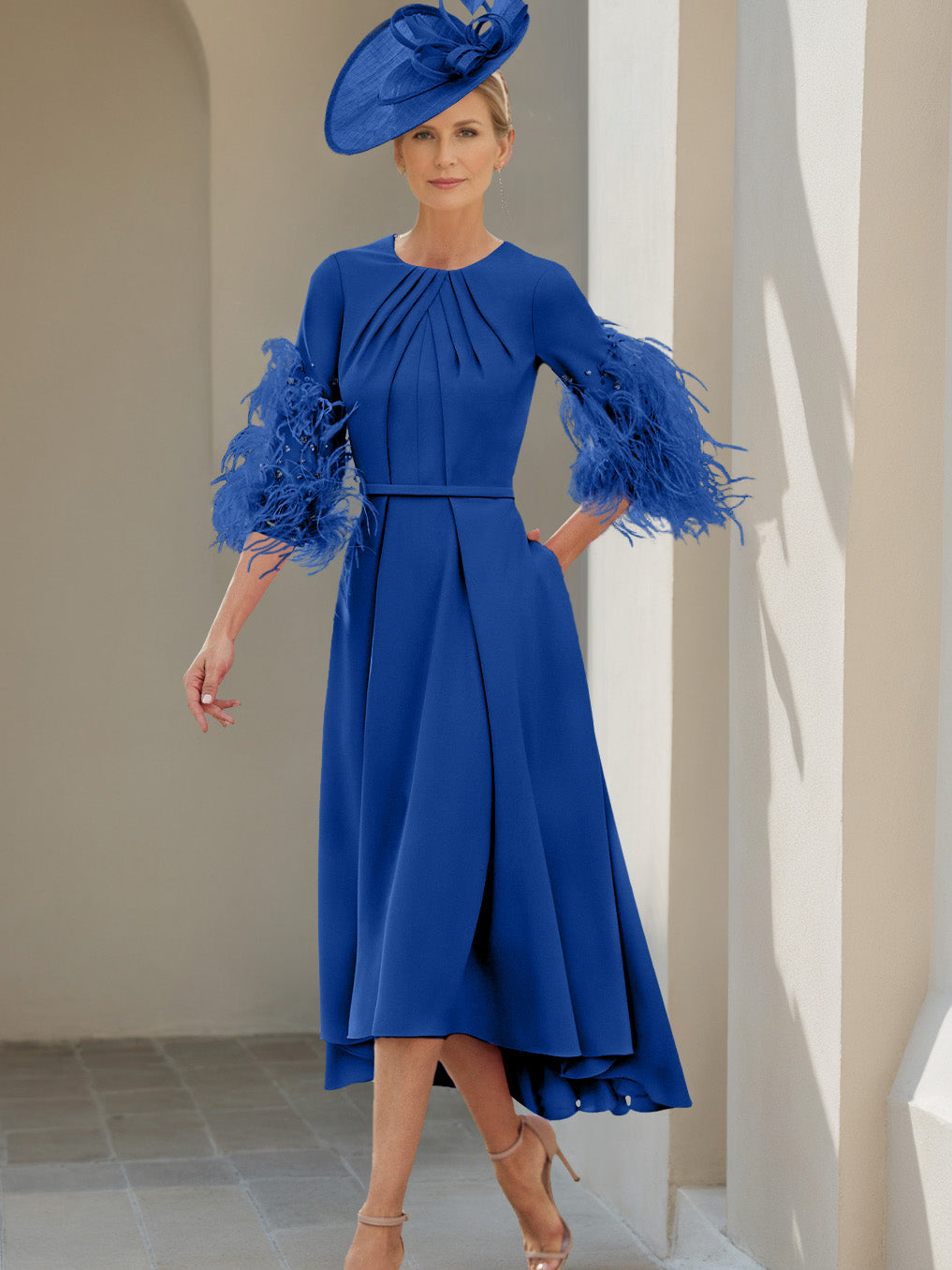 A-Line/Princess Scoop Half Sleeves Tea-Length Mother Of The Bride Dresses With Feathers