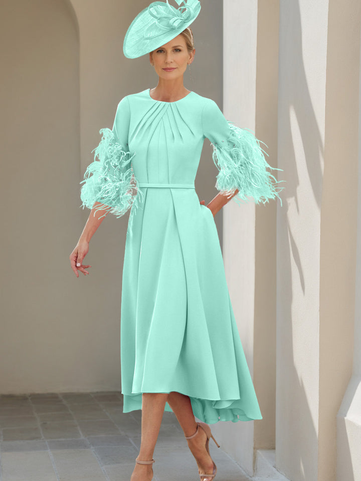 A-Line/Princess Scoop Half Sleeves Tea-Length Mother Of The Bride Dresses With Feathers