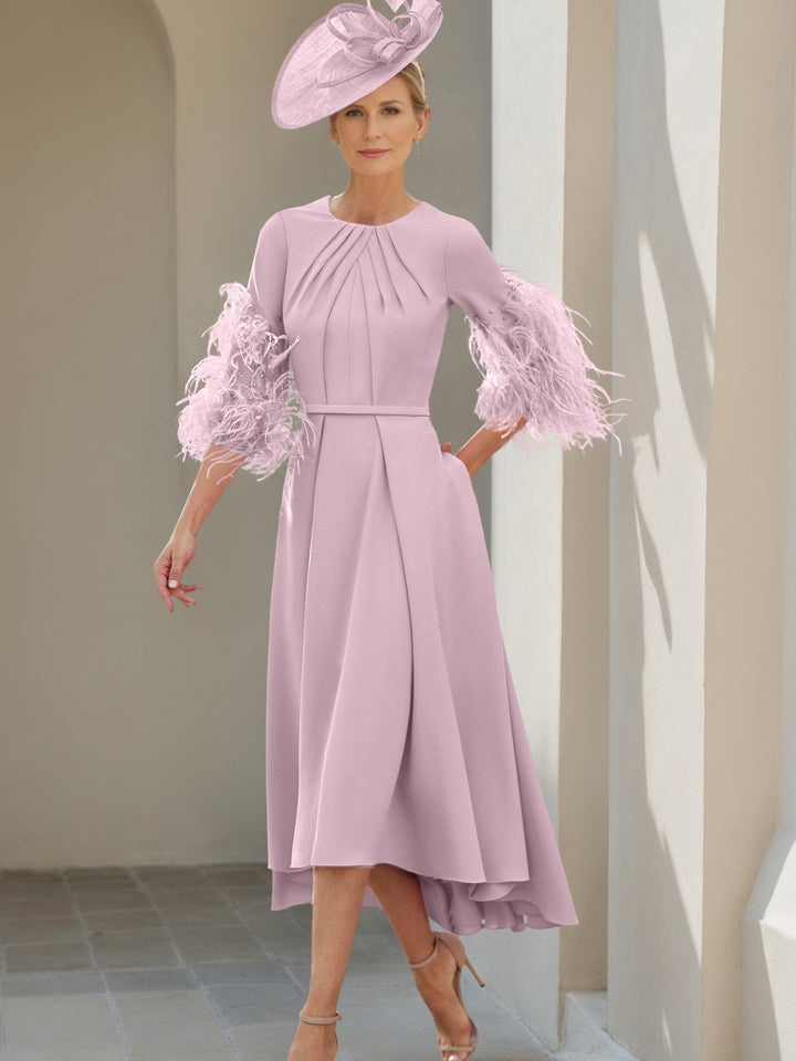 A-Line/Princess Scoop Half Sleeves Tea-Length Mother Of The Bride Dresses With Feathers