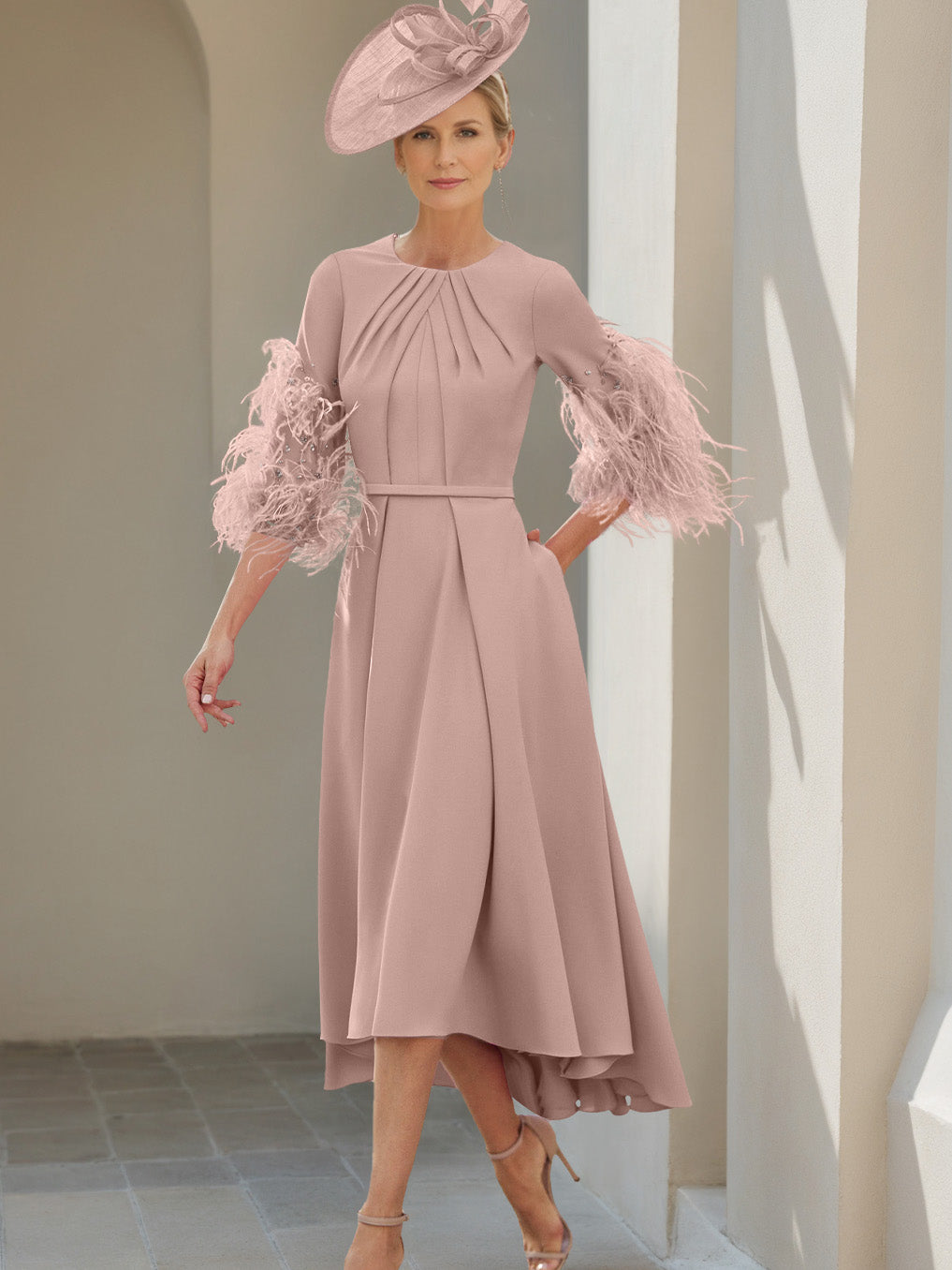 A-Line/Princess Scoop Half Sleeves Tea-Length Mother Of The Bride Dresses With Feathers
