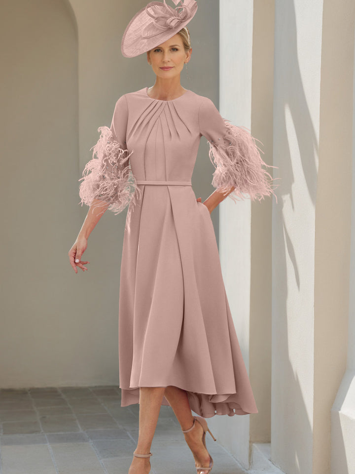 A-Line/Princess Scoop Half Sleeves Tea-Length Mother Of The Bride Dresses With Feathers