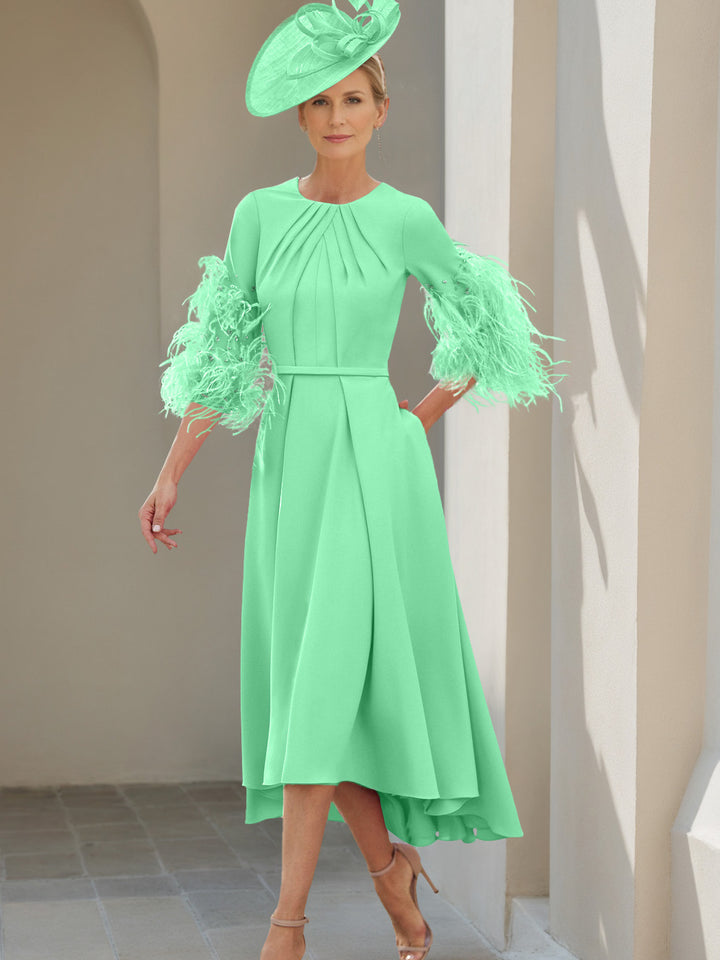 A-Line/Princess Scoop Half Sleeves Tea-Length Mother Of The Bride Dresses With Feathers