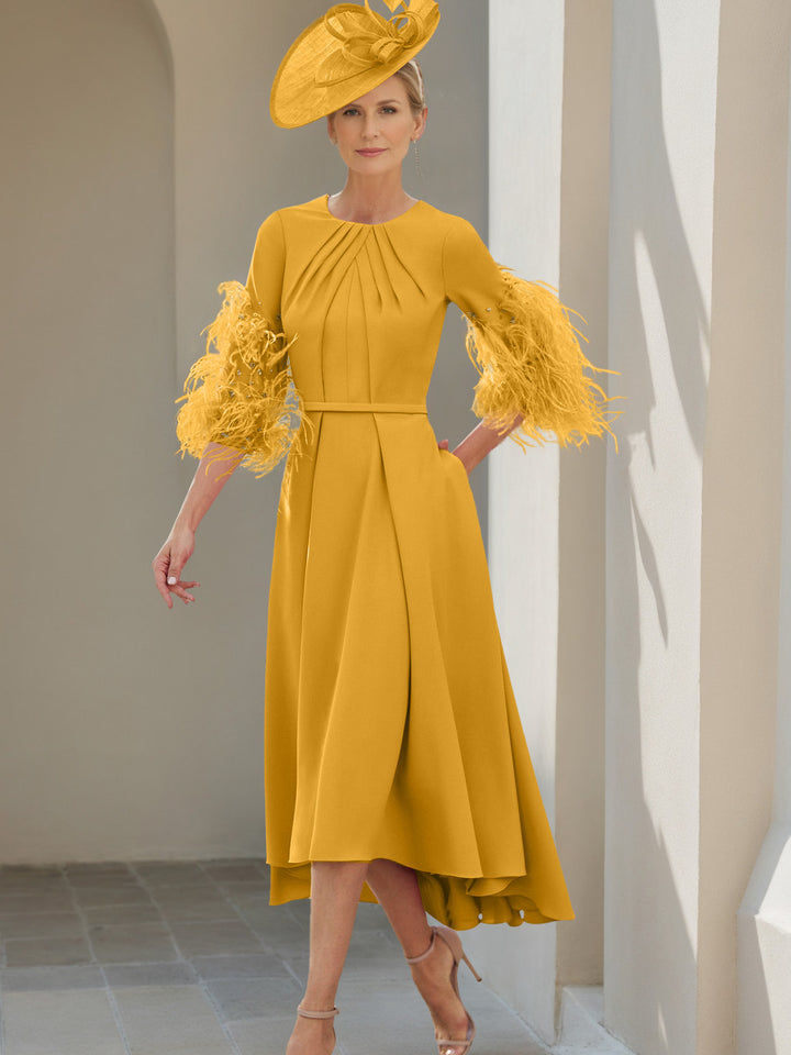 A-Line/Princess Scoop Half Sleeves Tea-Length Mother Of The Bride Dresses With Feathers