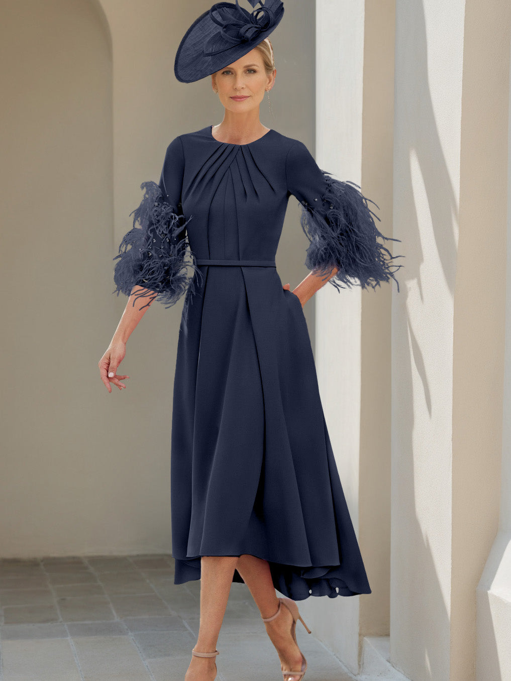 A-Line/Princess Scoop Half Sleeves Tea-Length Mother Of The Bride Dresses With Feathers