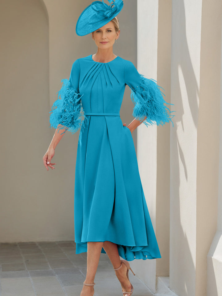 A-Line/Princess Scoop Half Sleeves Tea-Length Mother Of The Bride Dresses With Feathers
