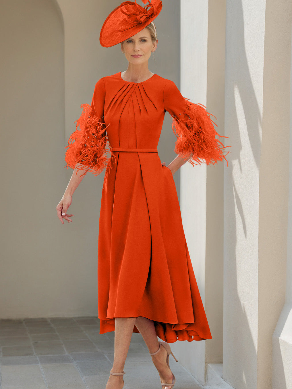 A-Line/Princess Scoop Half Sleeves Tea-Length Mother Of The Bride Dresses With Feathers