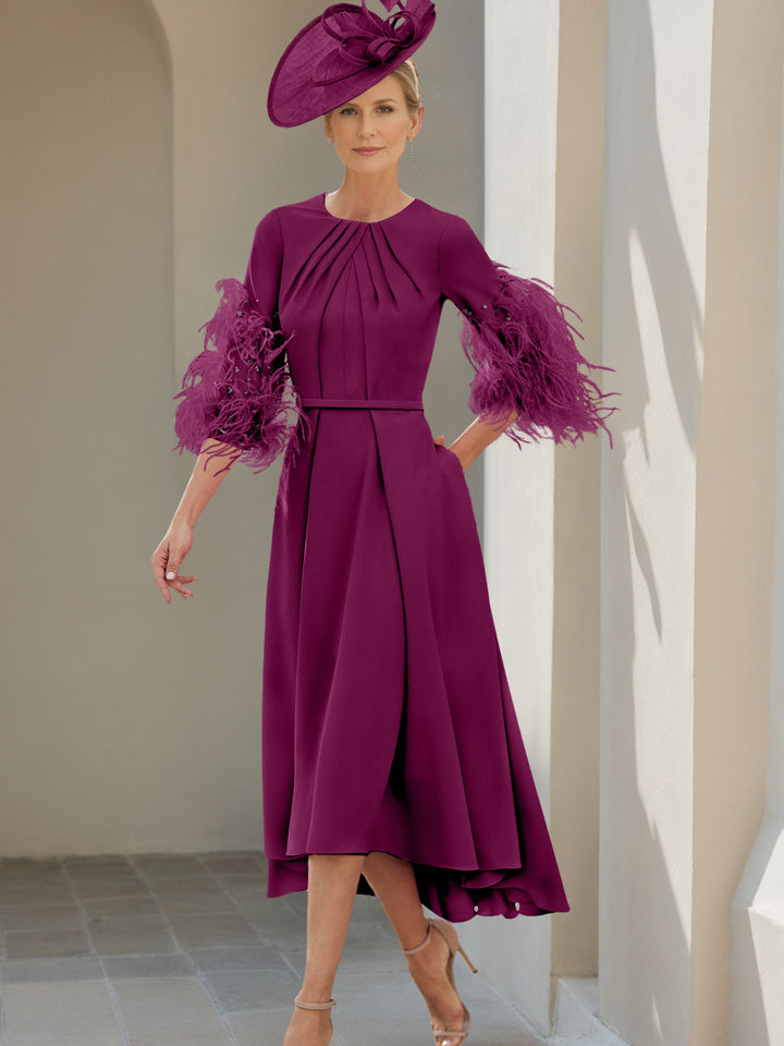 A-Line/Princess Scoop Half Sleeves Tea-Length Mother Of The Bride Dresses With Feathers