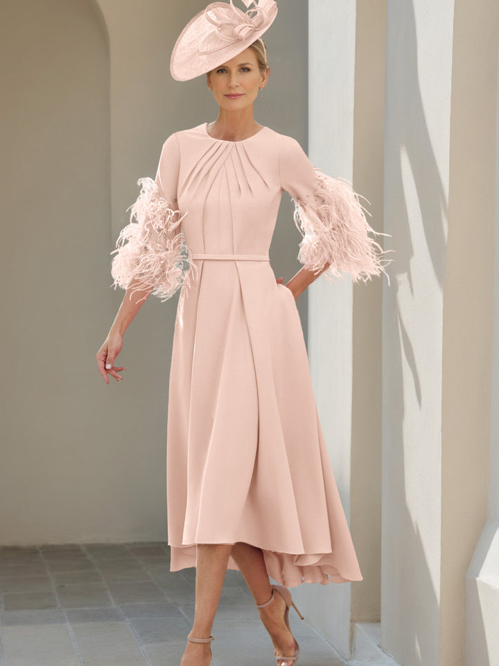 A-Line/Princess Scoop Half Sleeves Tea-Length Mother Of The Bride Dresses With Feathers