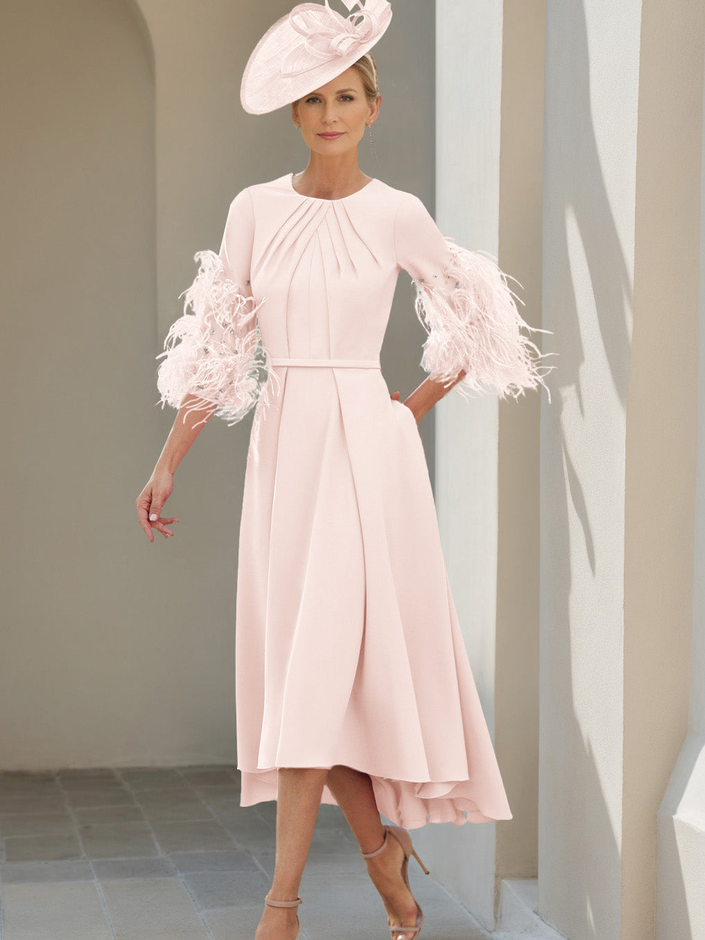 A-Line/Princess Scoop Half Sleeves Tea-Length Mother Of The Bride Dresses With Feathers