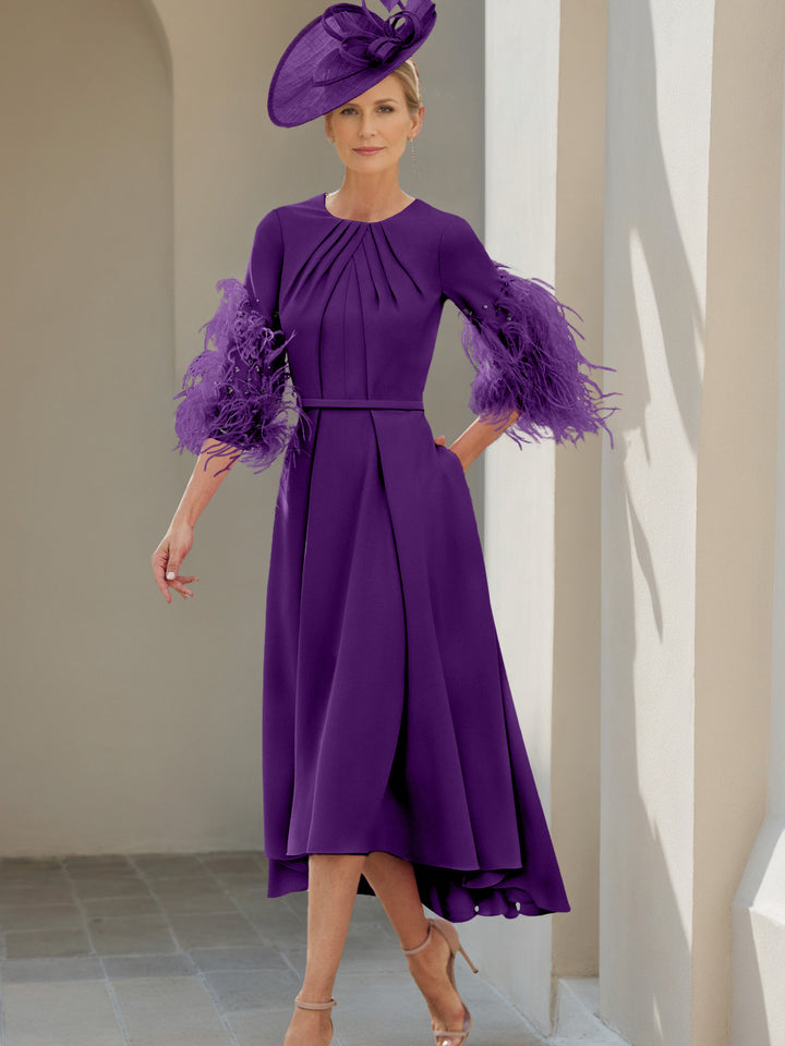 A-Line/Princess Scoop Half Sleeves Tea-Length Mother Of The Bride Dresses With Feathers