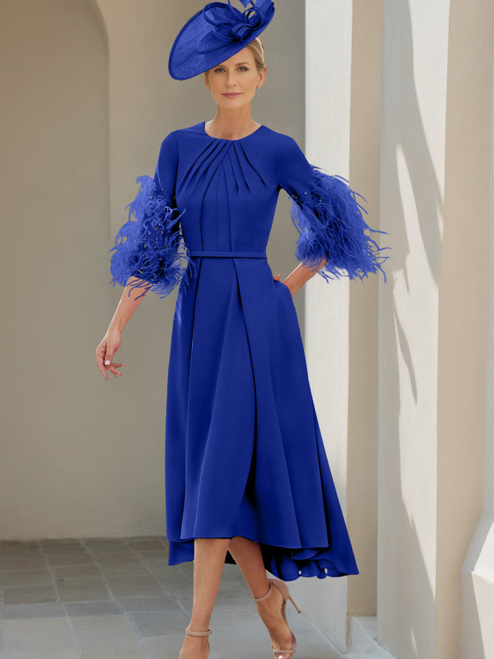 A-Line/Princess Scoop Half Sleeves Tea-Length Mother Of The Bride Dresses With Feathers