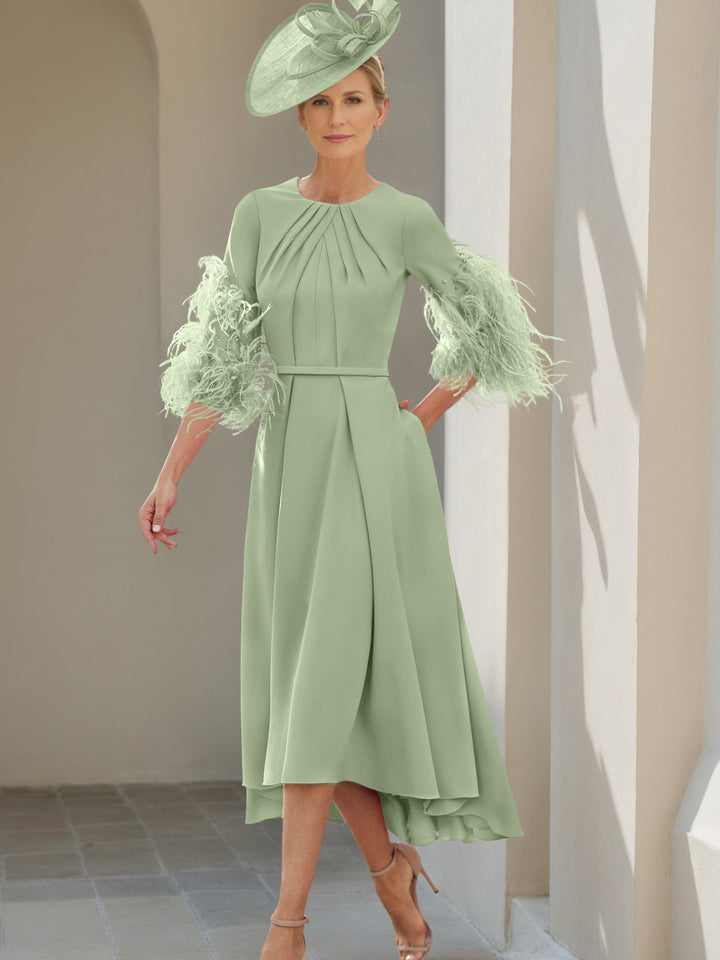 A-Line/Princess Scoop Half Sleeves Tea-Length Mother Of The Bride Dresses With Feathers