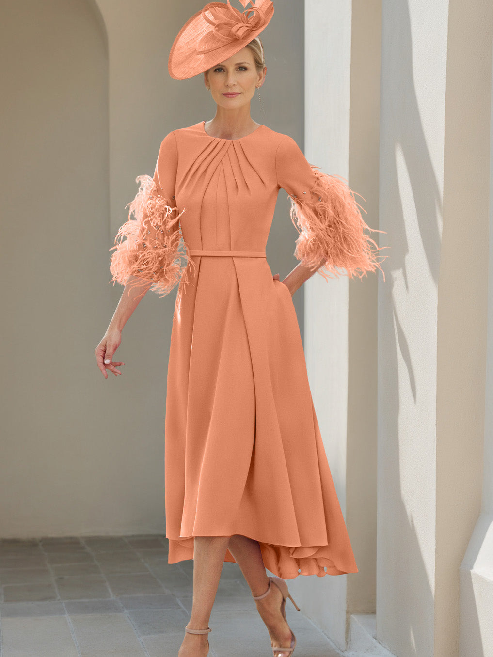 A-Line/Princess Scoop Half Sleeves Tea-Length Mother Of The Bride Dresses With Feathers