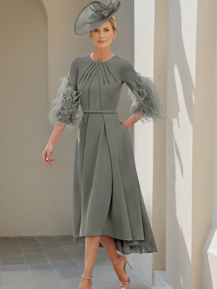A-Line/Princess Scoop Half Sleeves Tea-Length Mother Of The Bride Dresses With Feathers