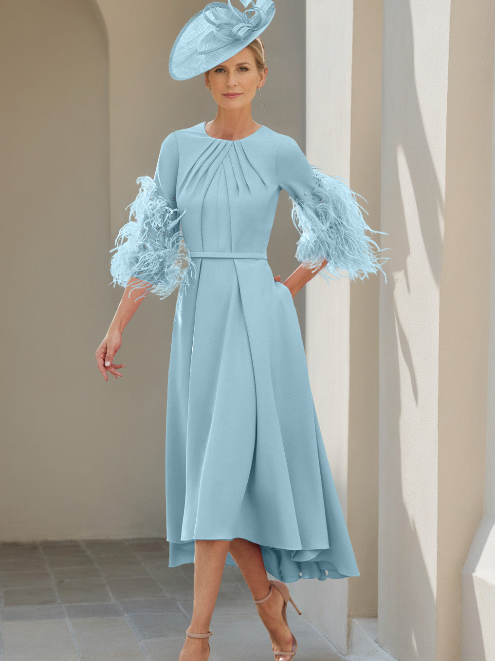 A-Line/Princess Scoop Half Sleeves Tea-Length Mother Of The Bride Dresses With Feathers