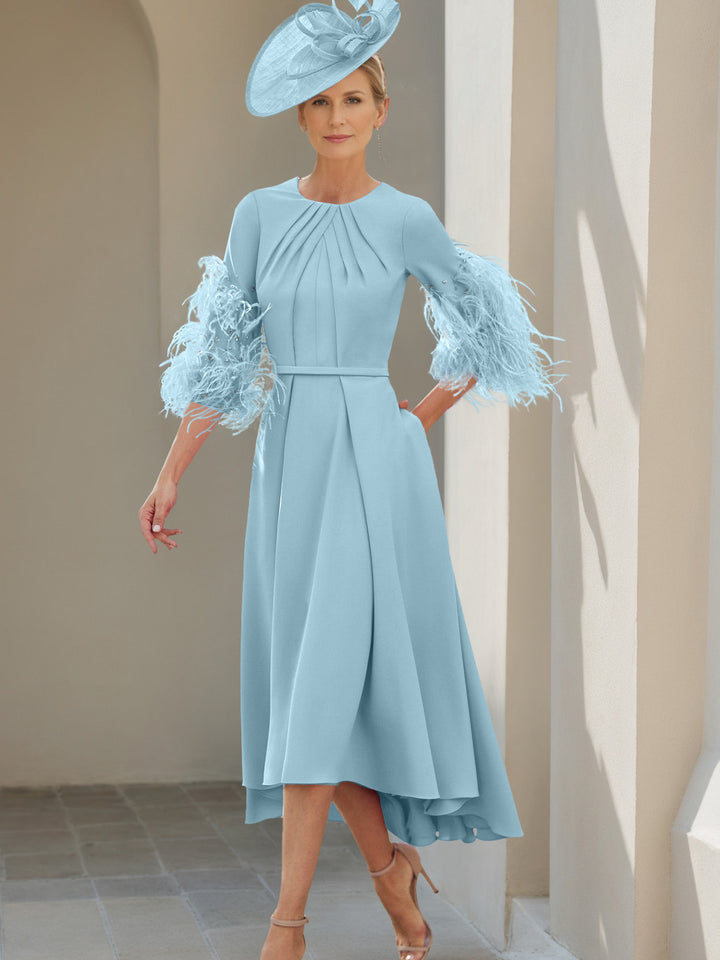 A-Line/Princess Scoop Half Sleeves Tea-Length Mother Of The Bride Dresses With Feathers